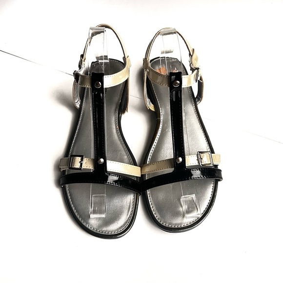 Bandolino sandal flat strappy black cream patent leather size 10 - Picture 2 of 14